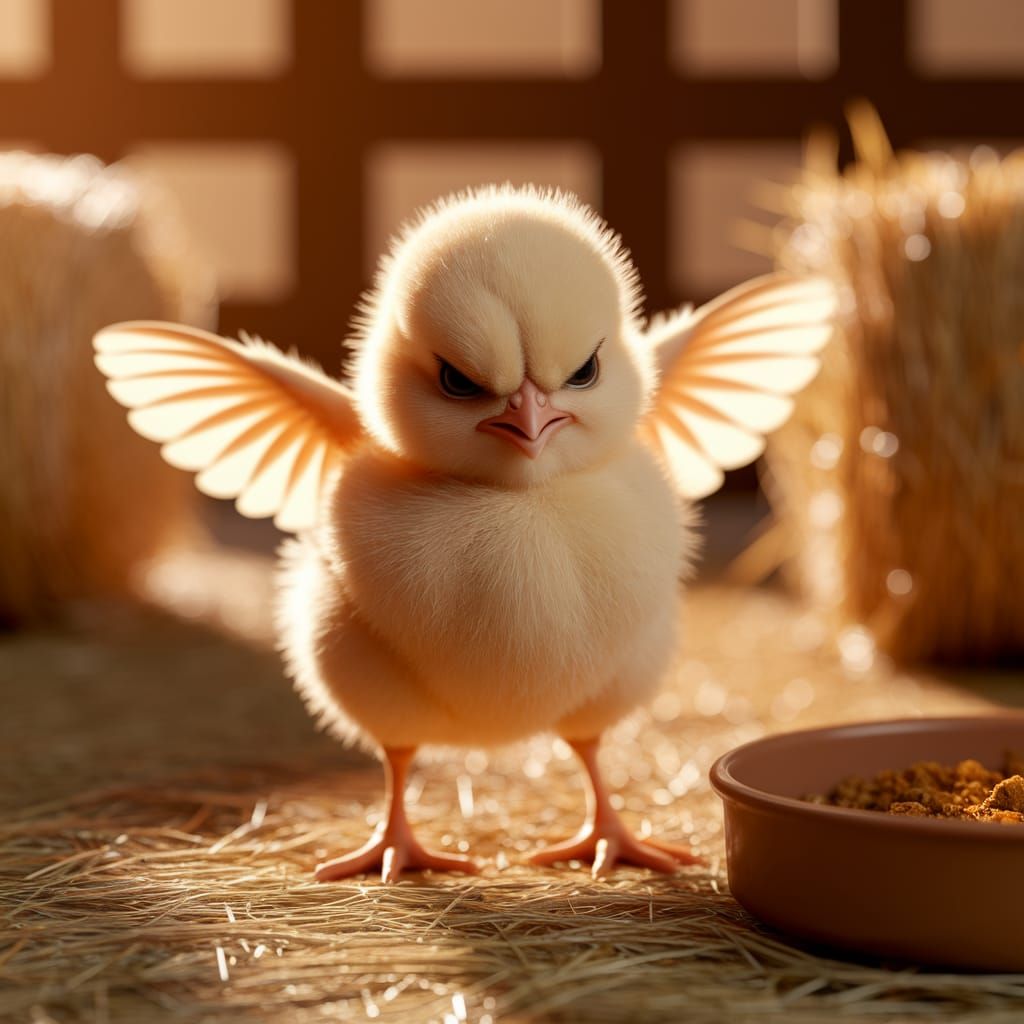 Angry Chick Scowls in Cozy Barnyard Setting
