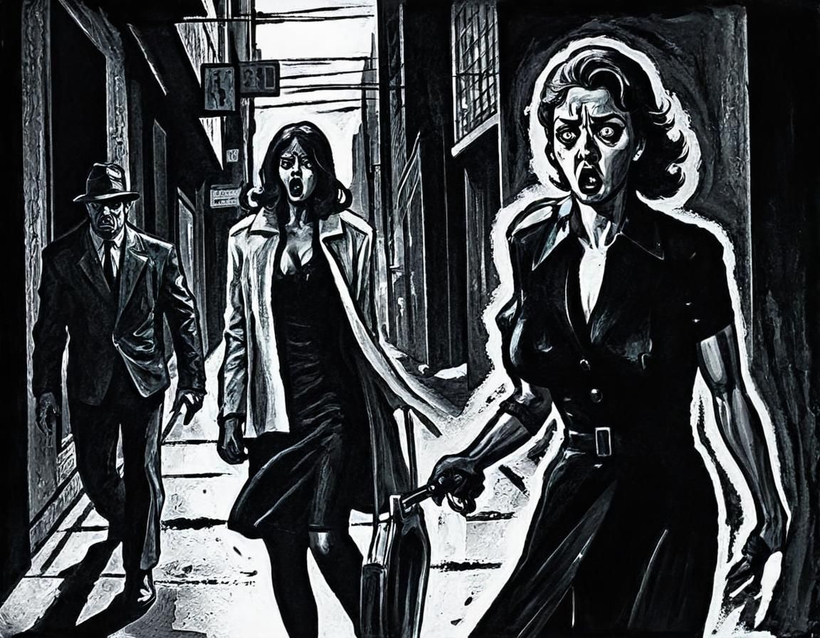 Noir Comic Scene: Killer and Scared Woman