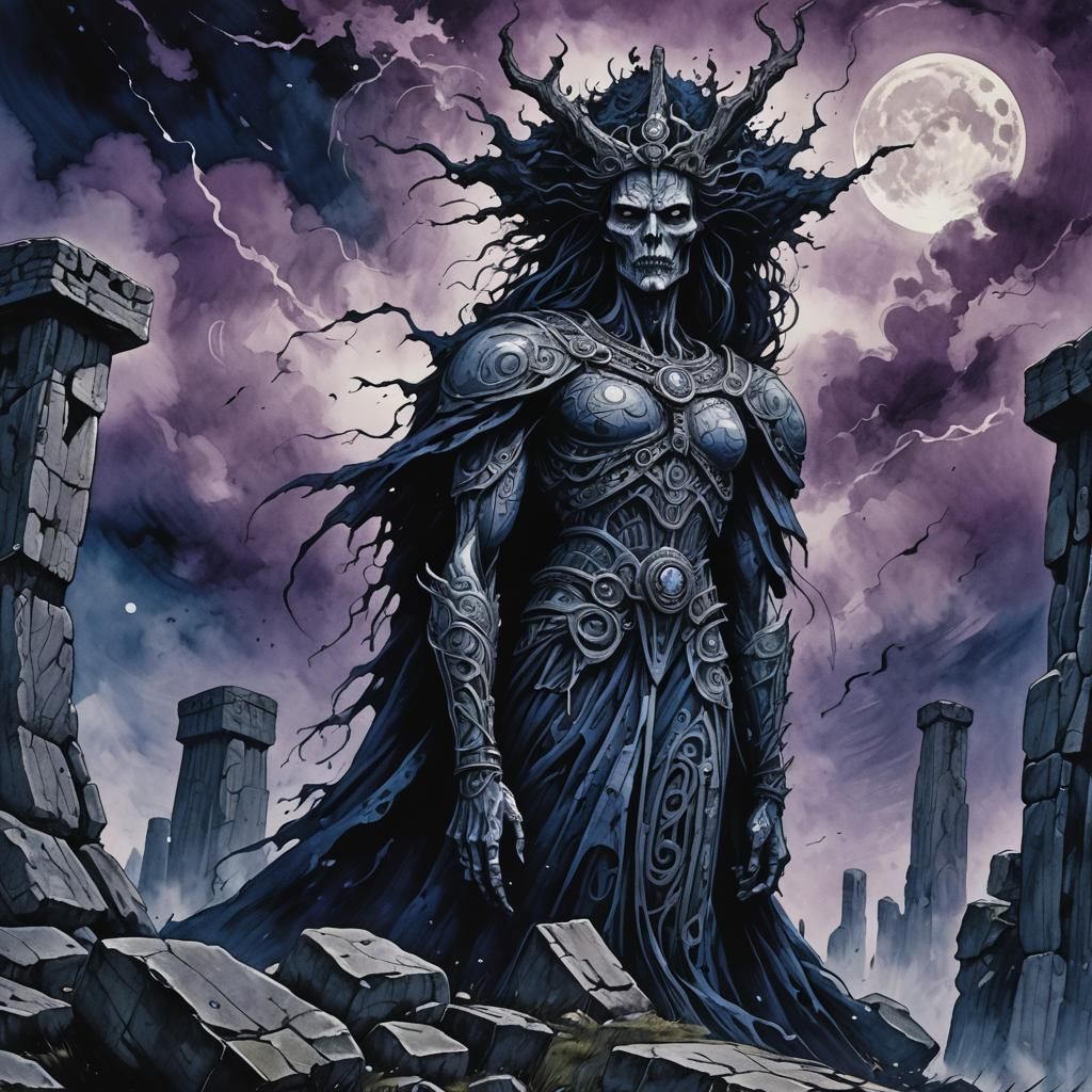 Banshee Rising from Stonehenge in Gothic Ink Style