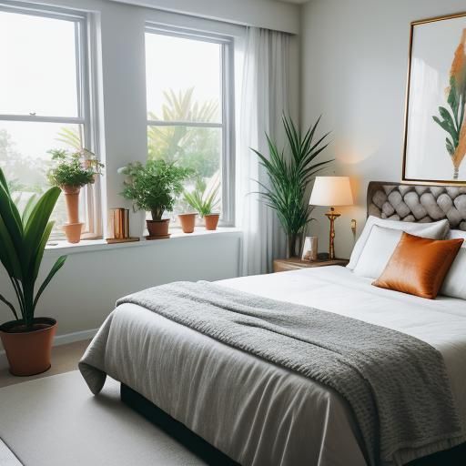 Luxurious Silver and Orange Bedroom with Plants