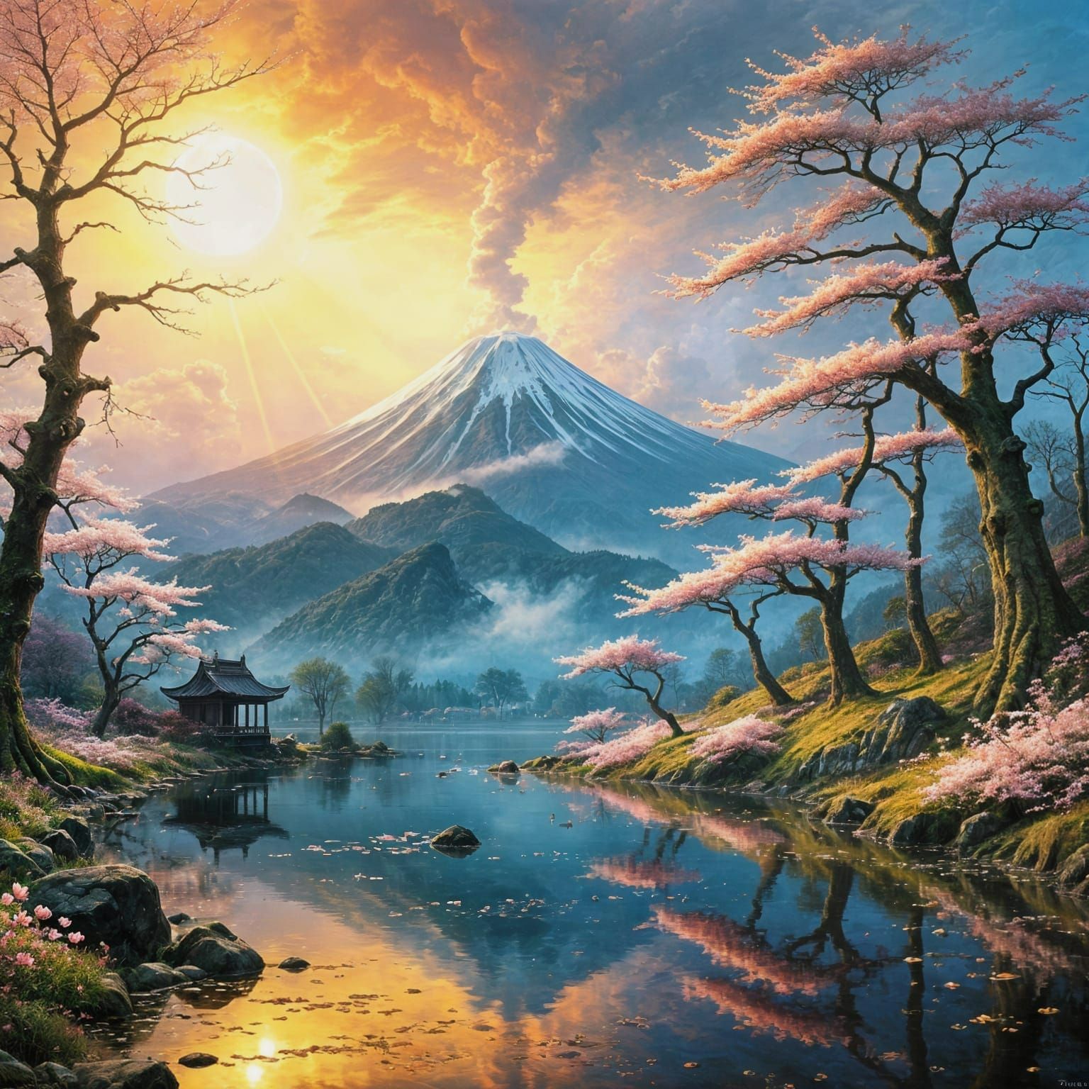 Serene Lake Landscape Reflecting Mt Fuji's Grandeur Amidst C...