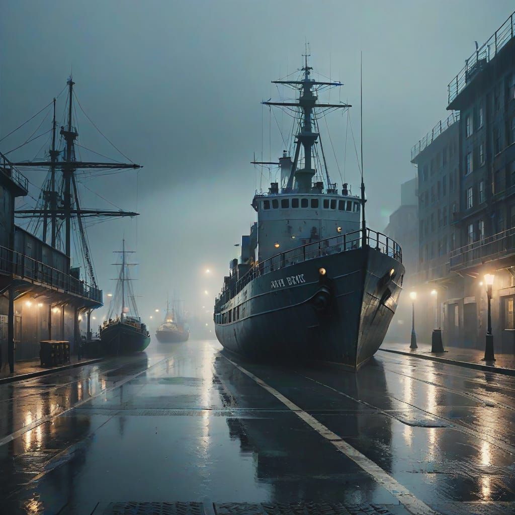 Gloomy Seaport Evening Painting with Rainy Atmosphere