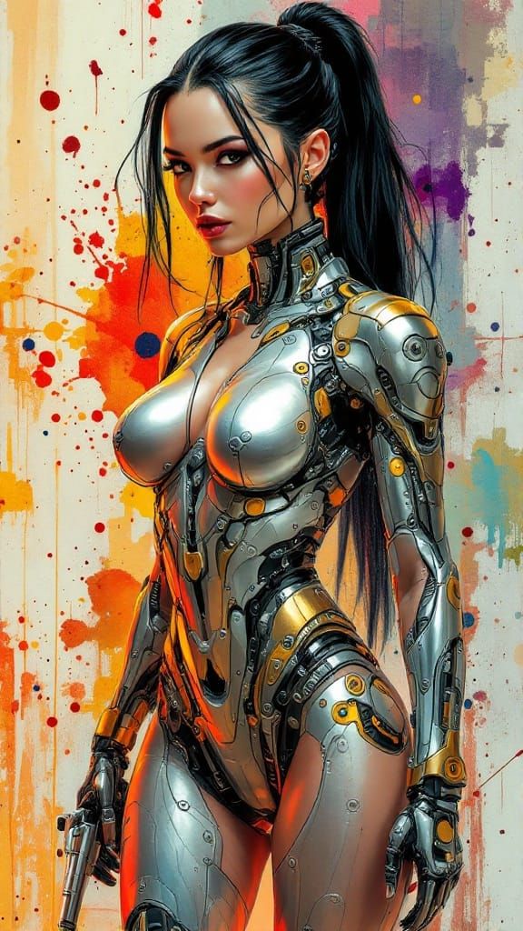 Cybernetic Warrior in Vibrant, Abstract Landscape