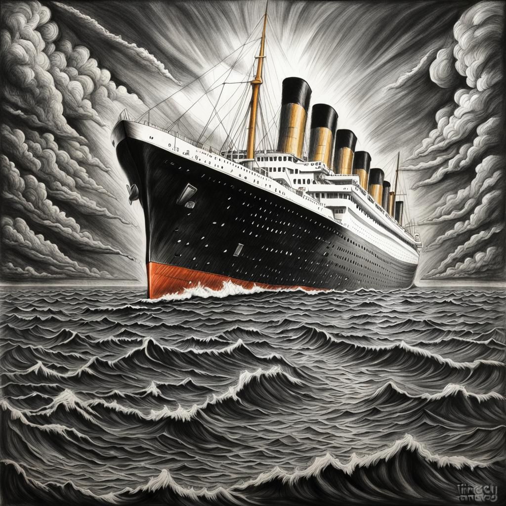 Hyperdetailed Charcoal Drawing of the Titanic