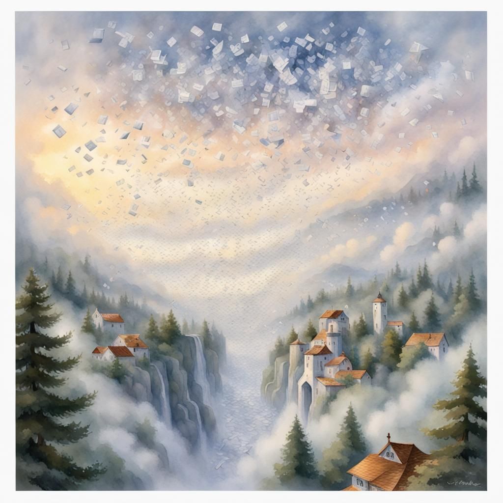 Watercolor Letters Falling From Sky With Postcard