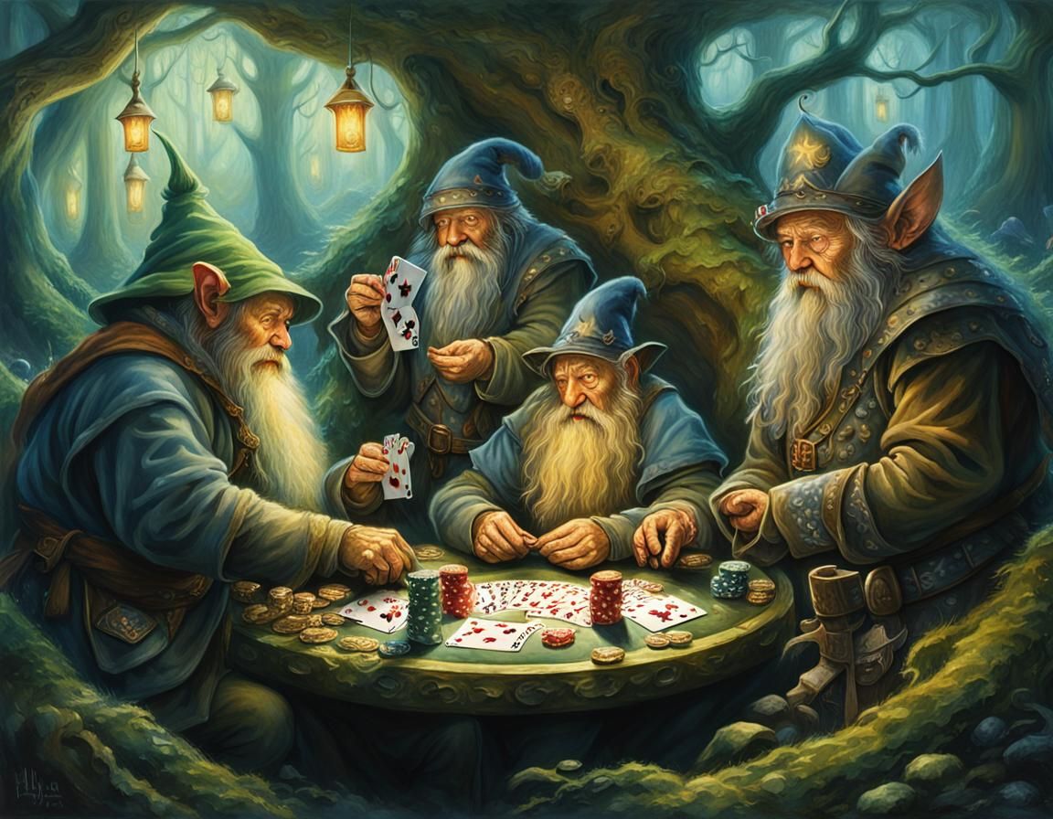 Dwarves Play Poker in Mystical Forest: Oil Painting