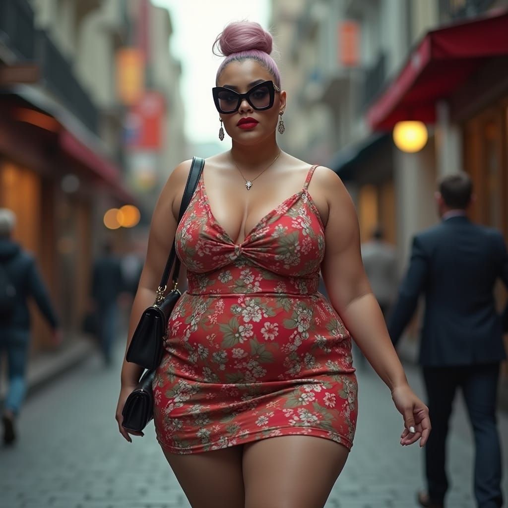 Confident Plus-Size Woman in Vibrant Floral Dress