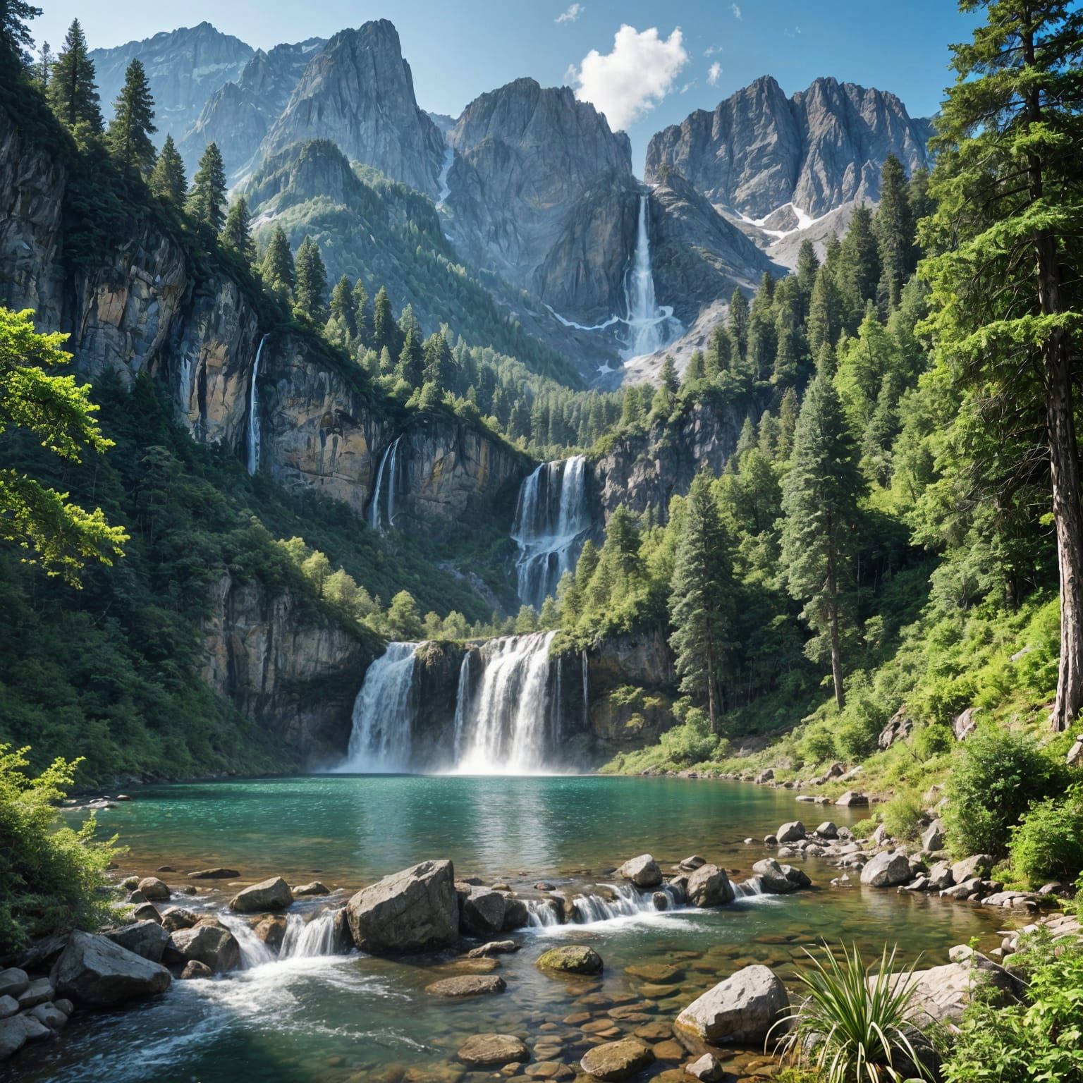 Panoramic Mountain Waterfall Landscape with Serene Lake and ...