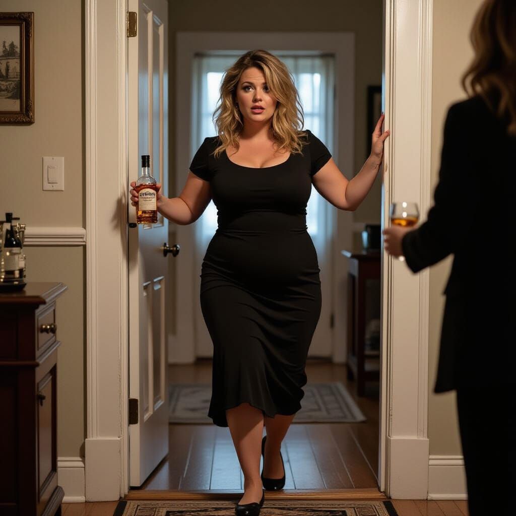 Woman Staggers Opening Door with Whiskey Bottle