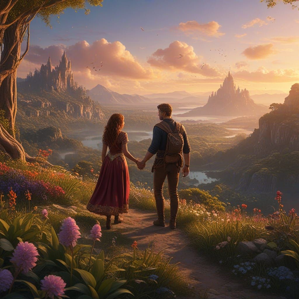 Magical Boyfriend Surprise in Vibrant Fantasy Landscape