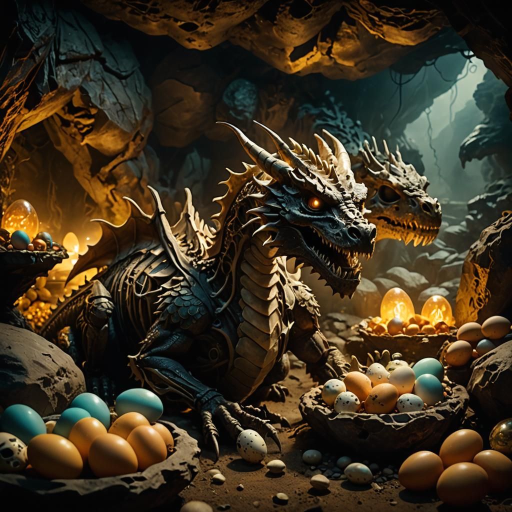 Skeletal Dragon Guarding Eggs in Mystical Cave