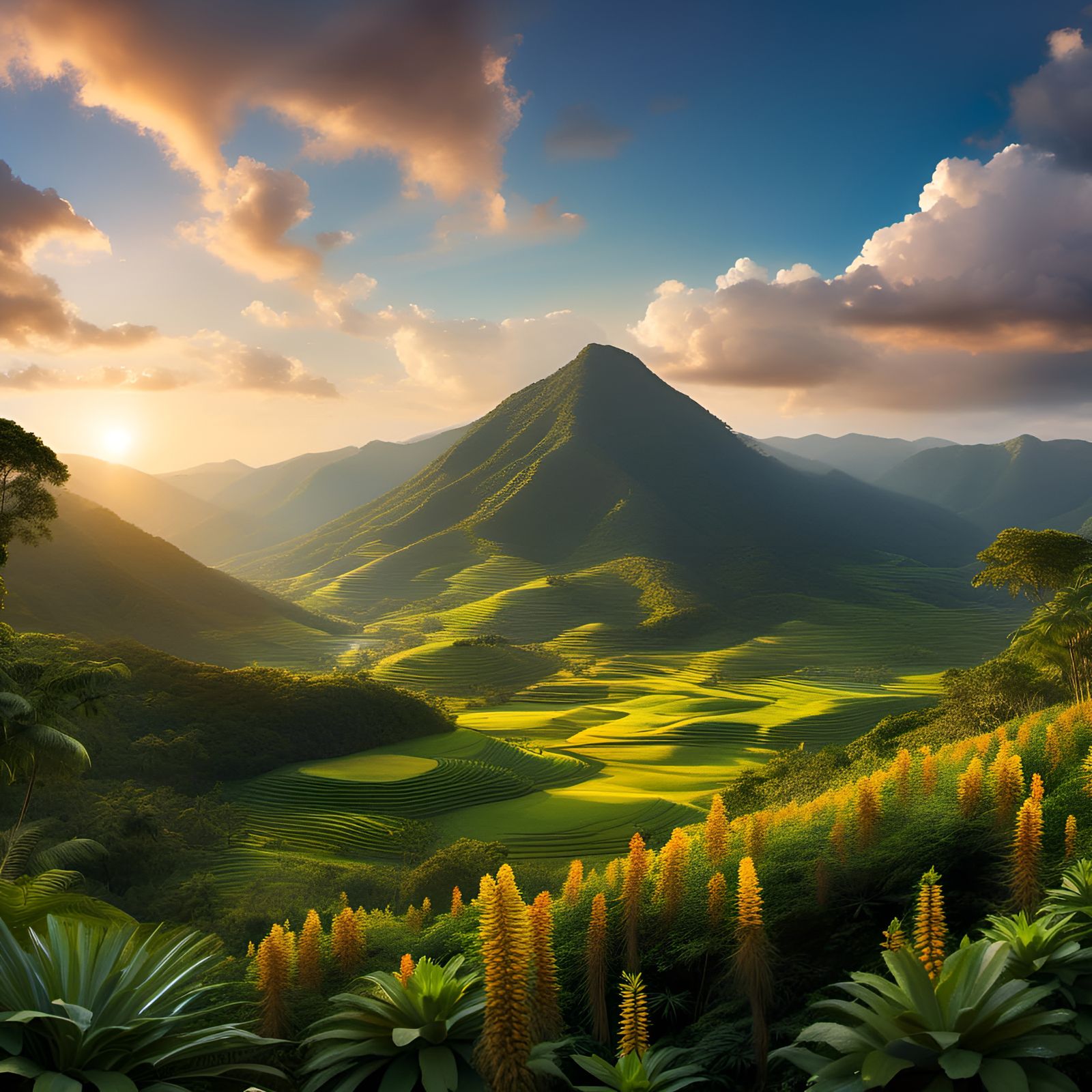 Watercolor Jamaican Countryside Landscape Illustration