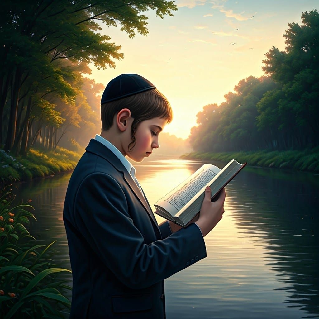 Jewish Boy Praying by River, Hyperrealistic Splash Art