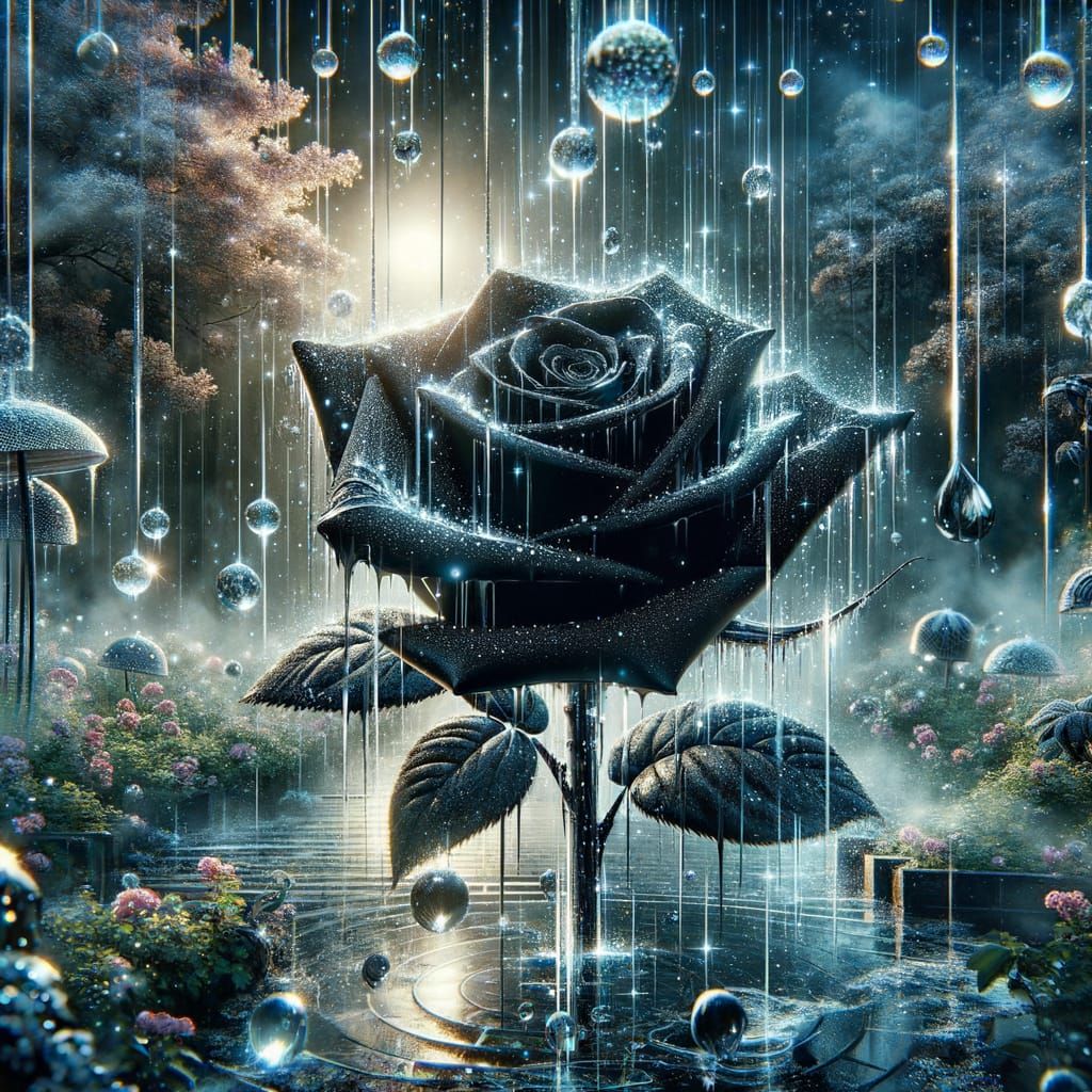 Ethereal Black Rose in a Glass Garden of Sparkling Diamonds