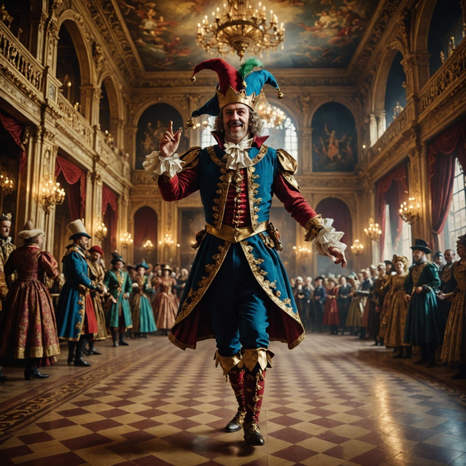 King's court jester with bells and a hat on dancing in the palace ballroom