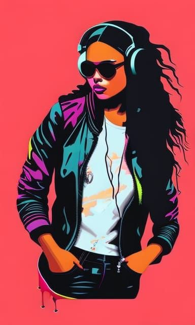 Girl with Headphones: Vivid Neon Vector Art