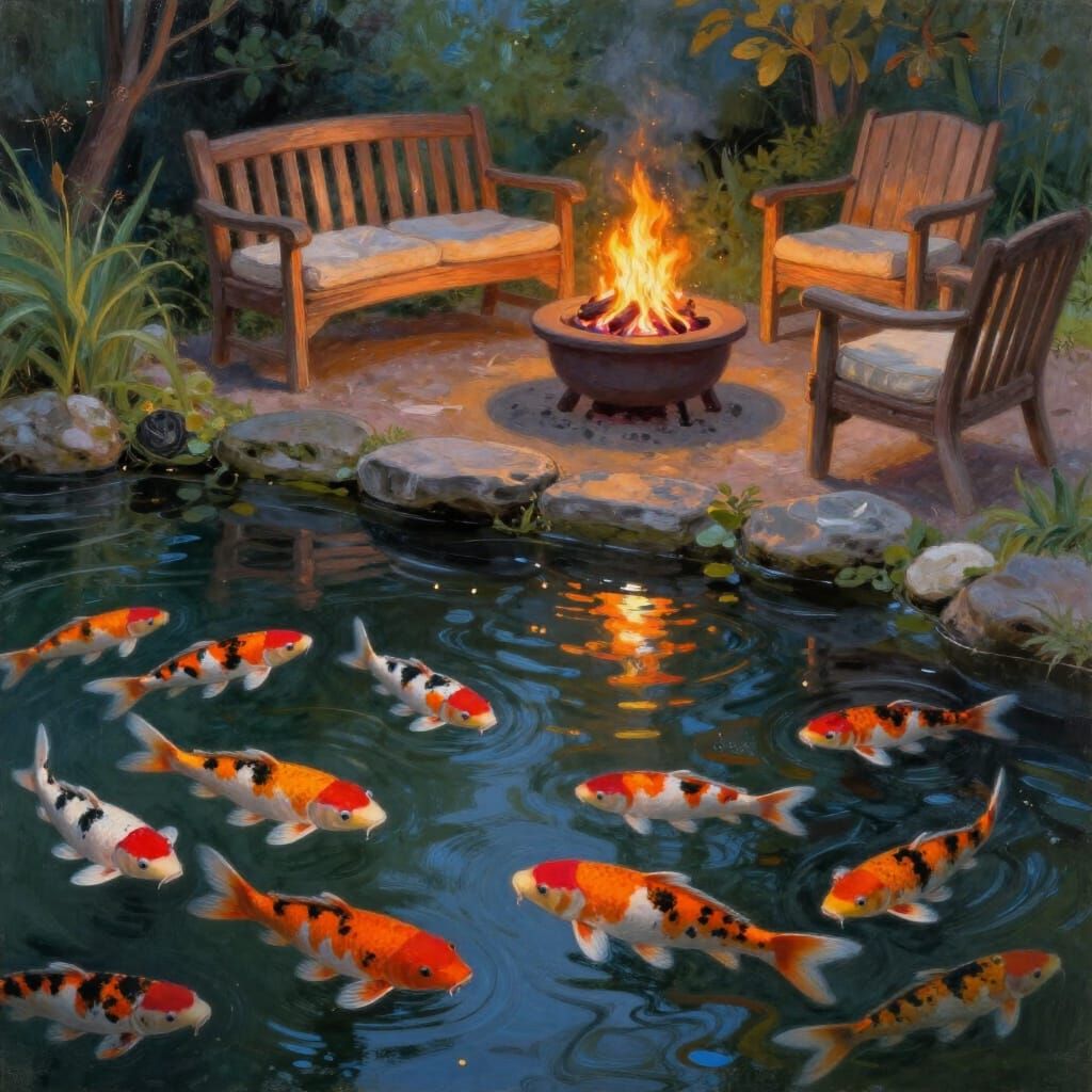 Serene Koi Pond at Dusk with Firepit