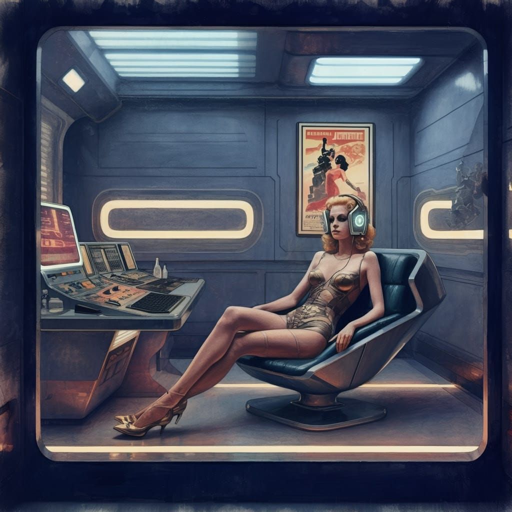 Futuristic Lounge Scene in Impressionistic Watercolor Style