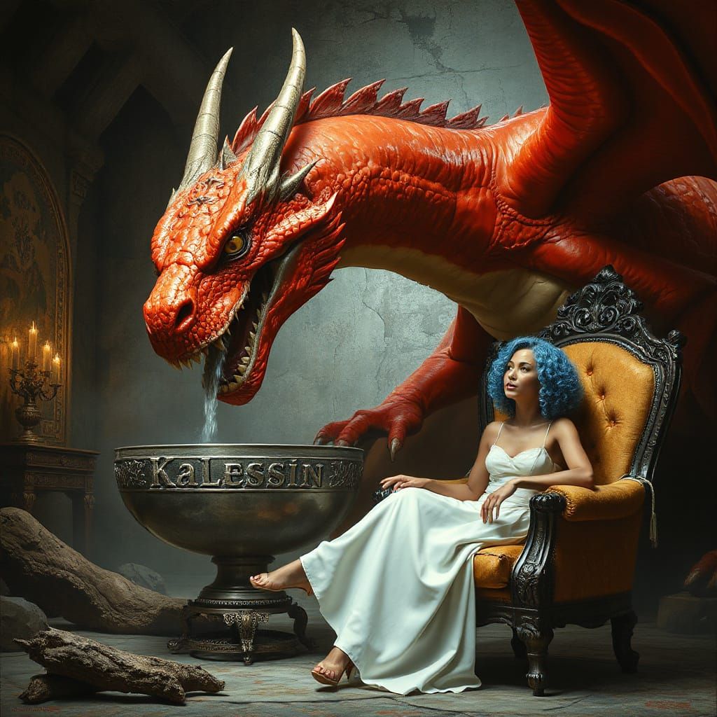 Majestic Red Dragon Drunk in Cavern with Woman