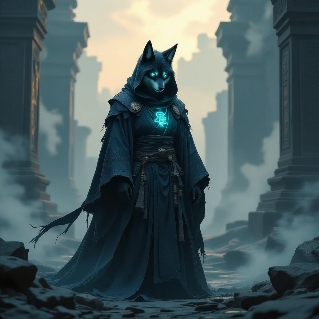 Kitsune in Ruined Temple with Glowing Runes