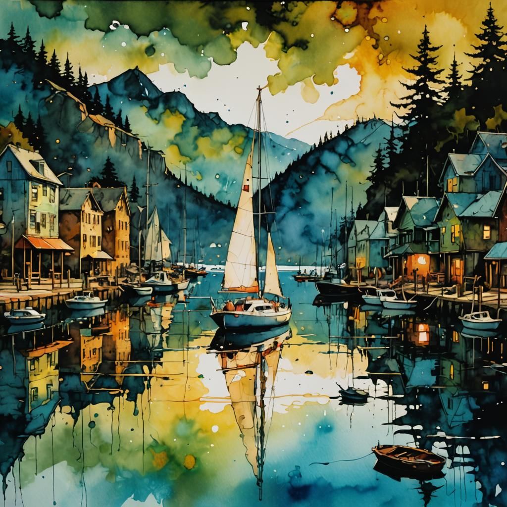 Sailboat on Harbour in Ink Punk Style