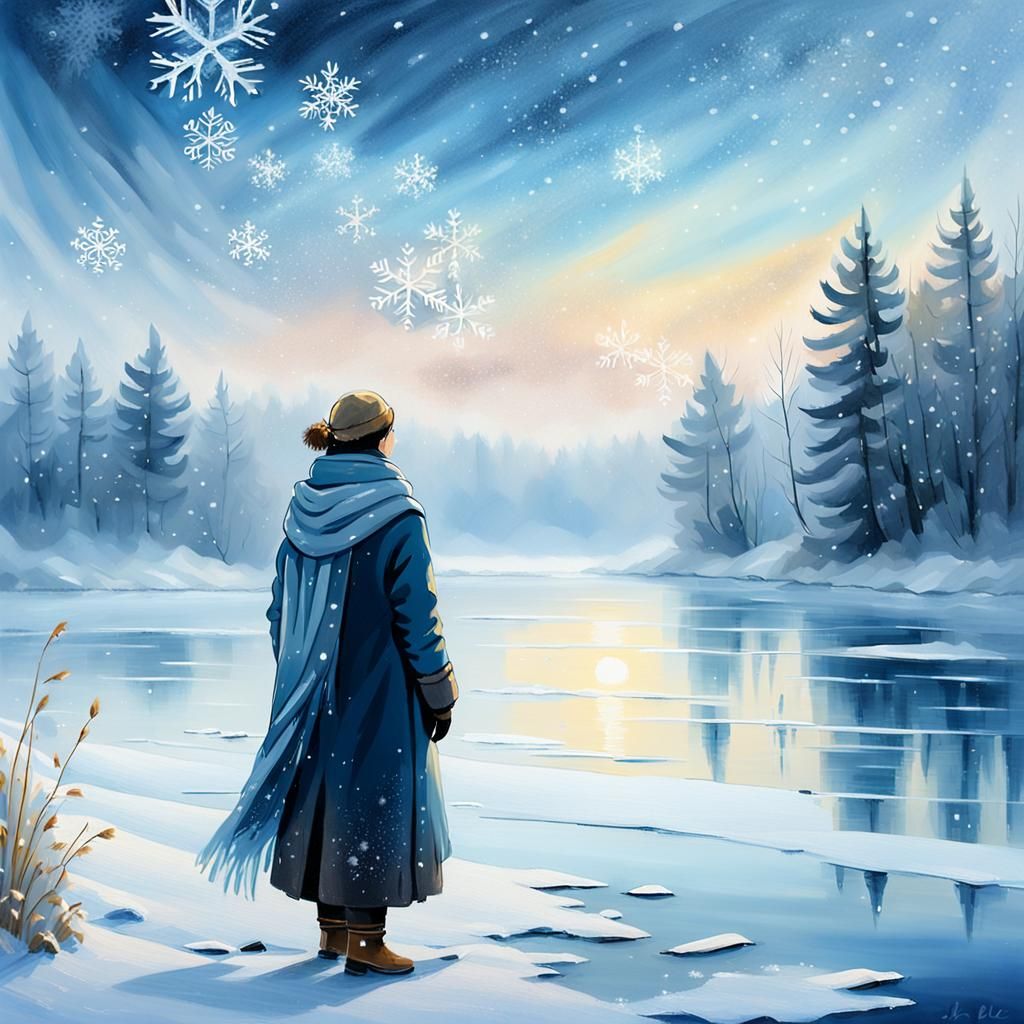 Winter Landscape Painting with Frozen Lake