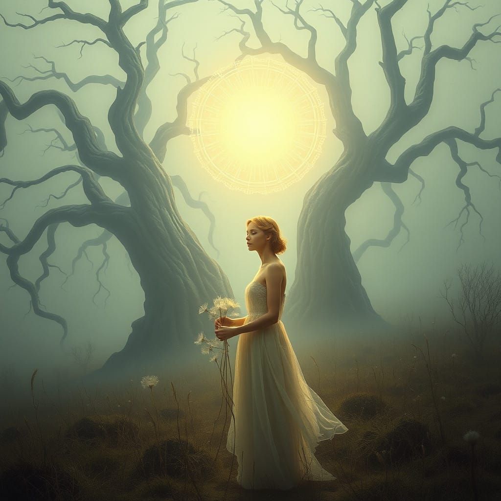 Surreal Woman in Ethereal Landscape with Ancient Trees