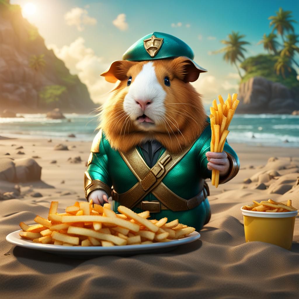 Guinea Pig Aquaman on the Beach: Digital Art