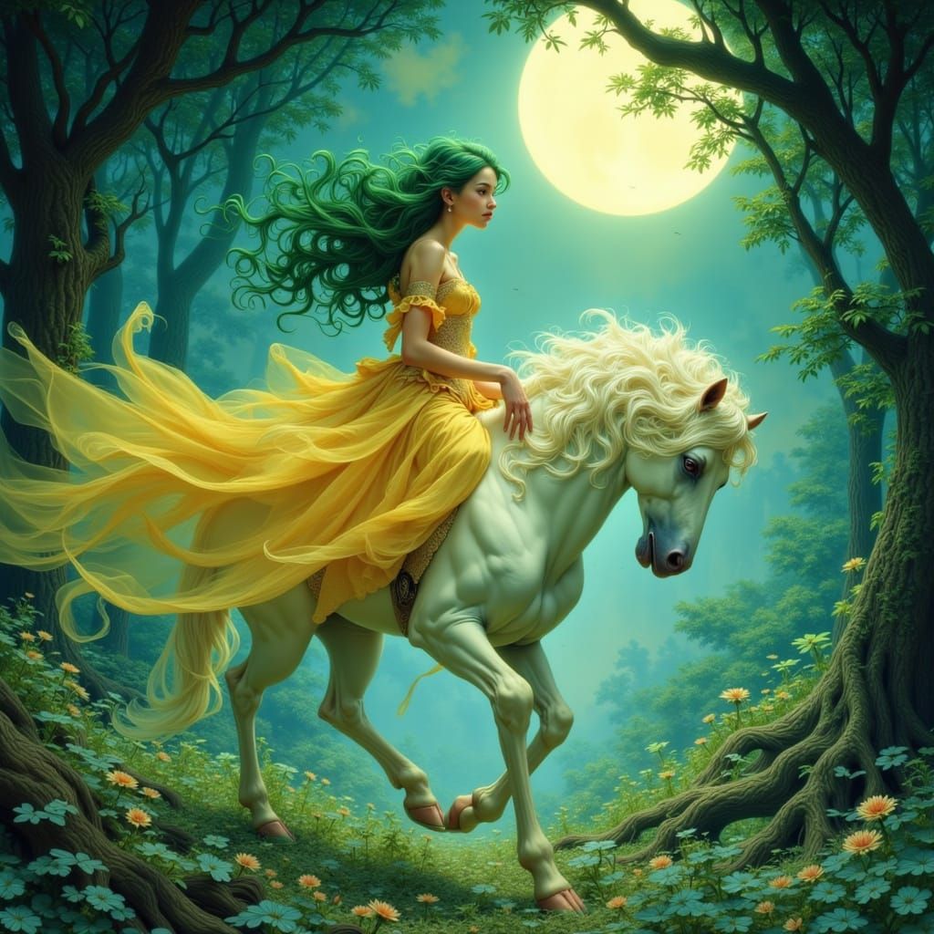Woman in Saffron Gown Rides Unicorn Through Magical Forest