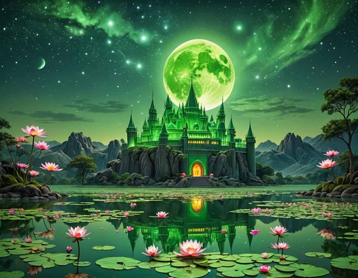 Green Moonlit Fortress with Lotus Pond