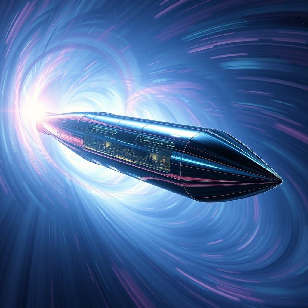 Sleek Space Ark Pierces Iridescent Magnetic Vortex in Cinema...