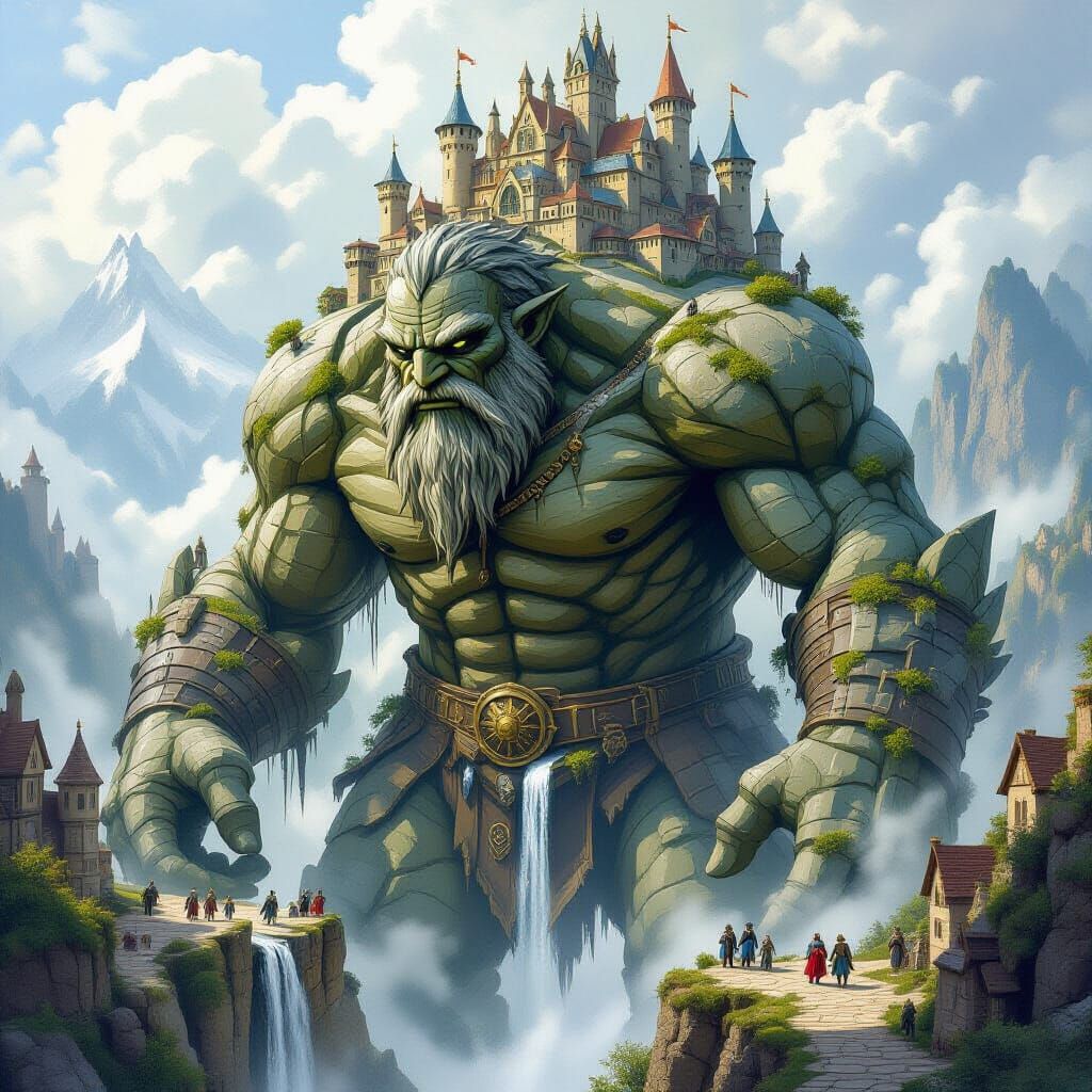 Medieval City on Giant's Back in Whimsical Fantasy Style