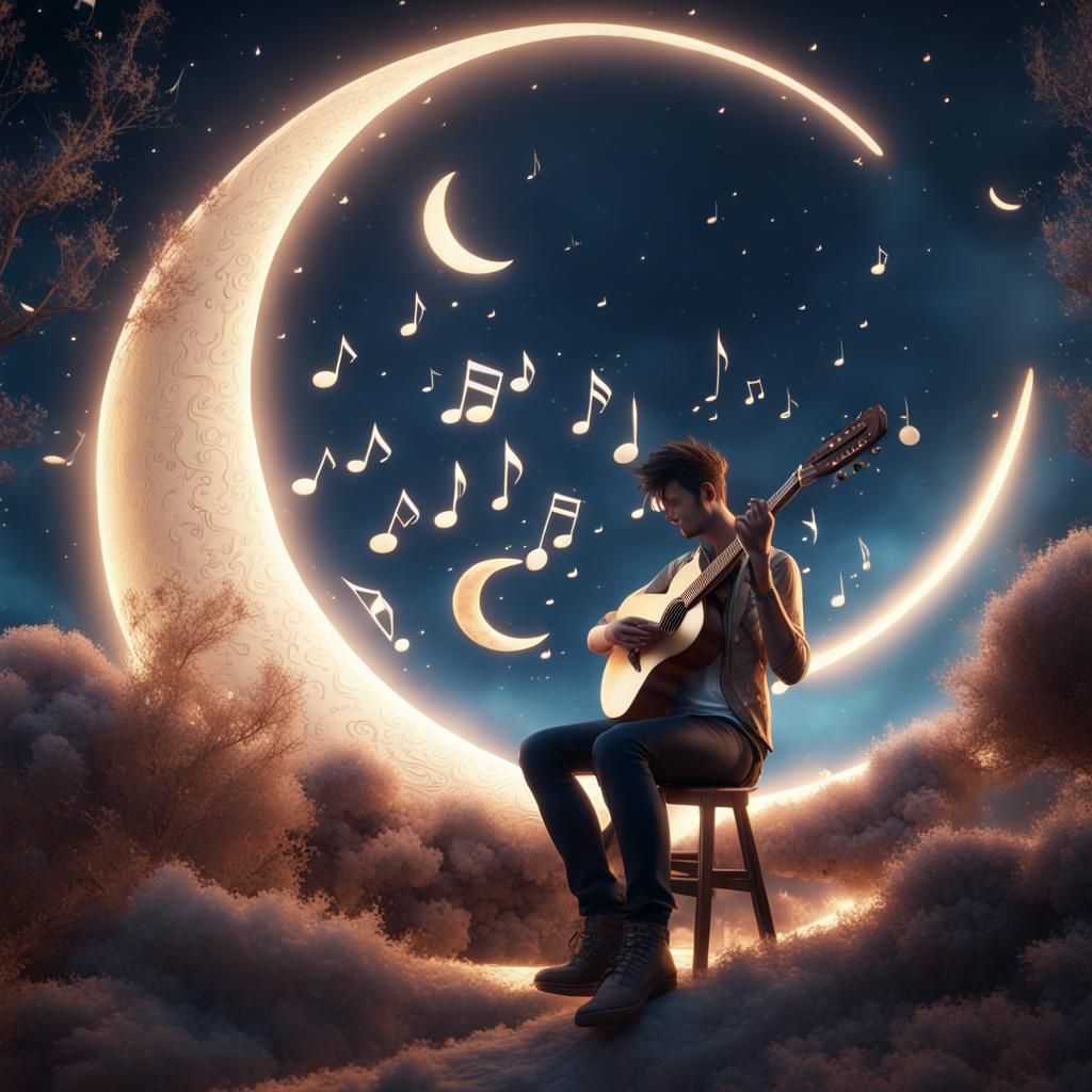 Dreamy Moon Guitar Serenade in Fantasy Art
