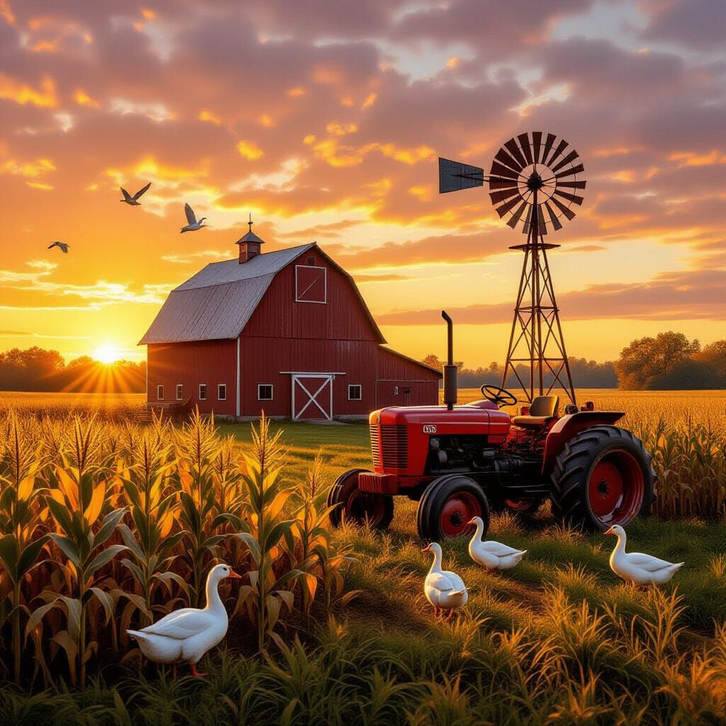 Golden Farmstead at Sunset: Hyper-Realistic Autumn Art
