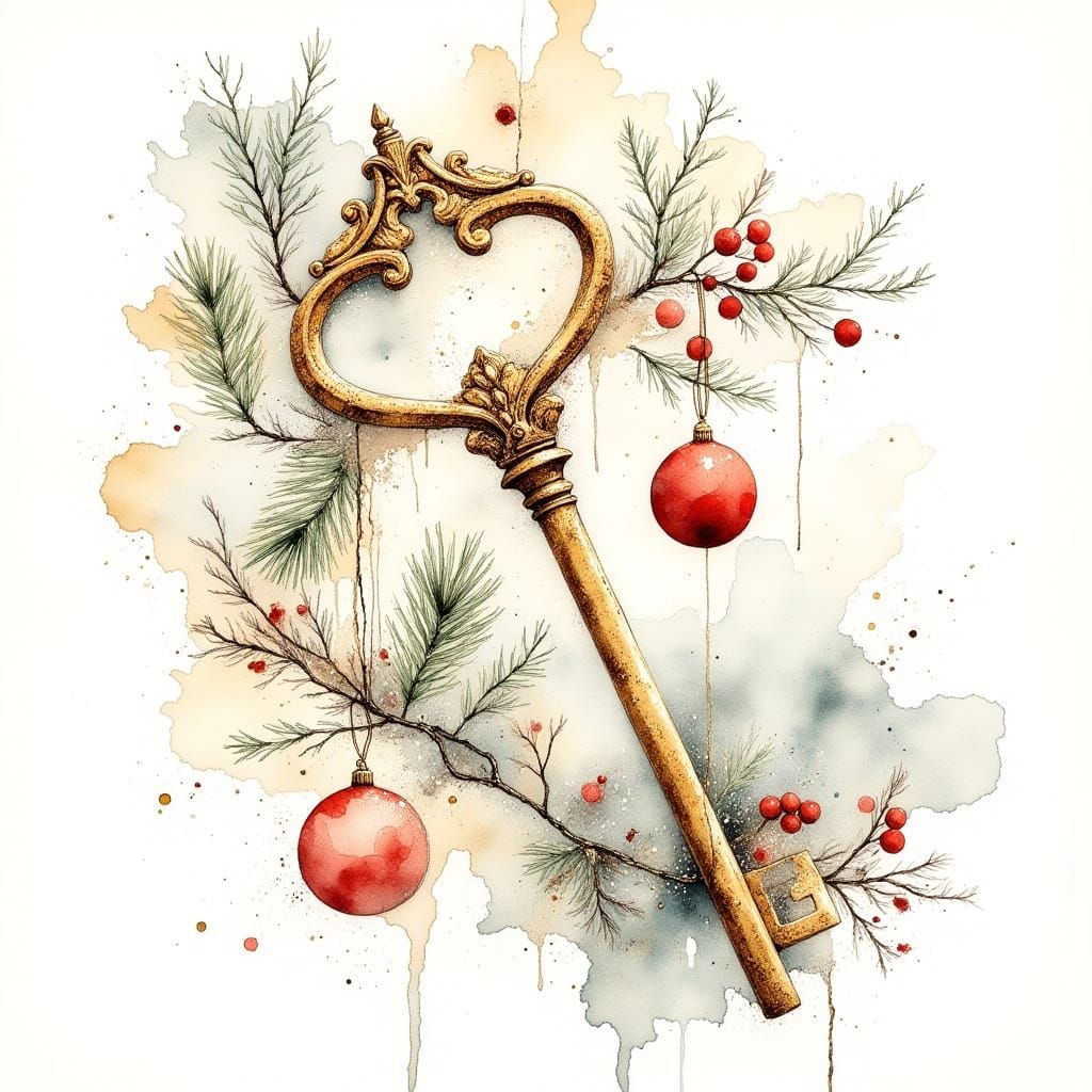 Ornate Golden Key with Festive Accents in Watercolor Style