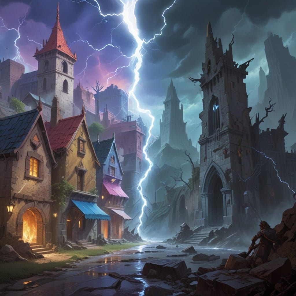 High Contrast Fantasy Town Split by Lightning