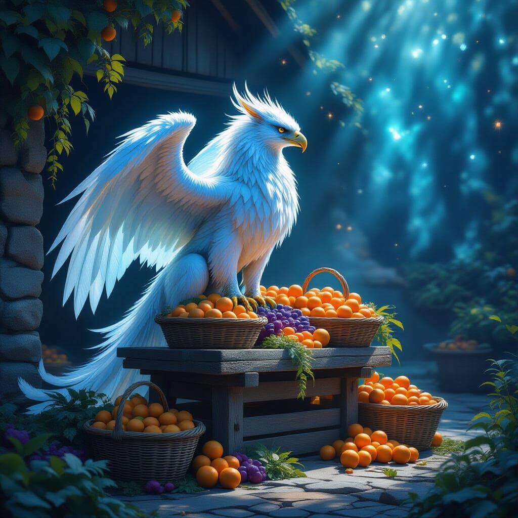 Cosmic Gryphon Perched on Stone Farmstand