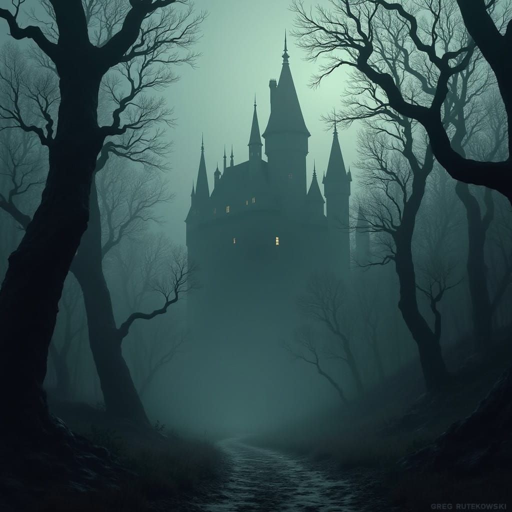 Dark and Foreboding Castle in a Misty Forest
