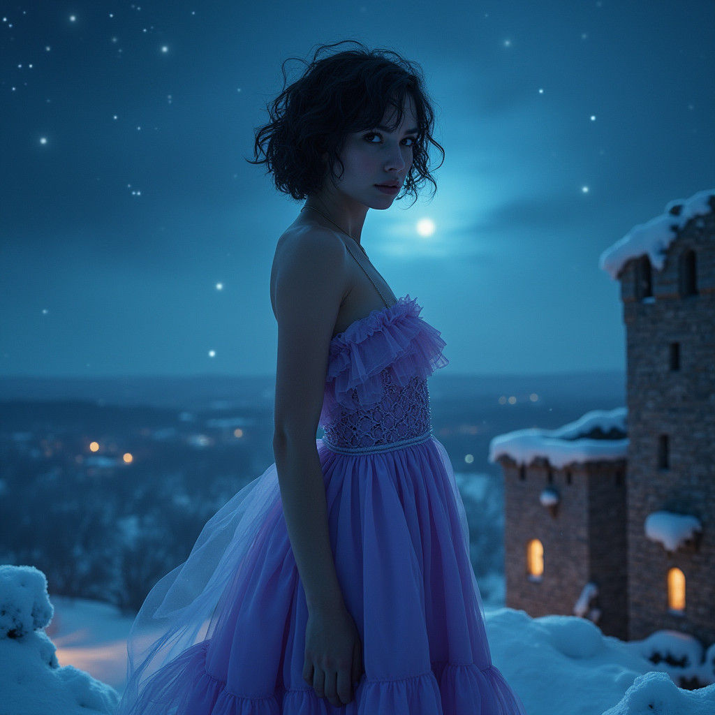 British Woman on Castle Rampart in Lilac Dress