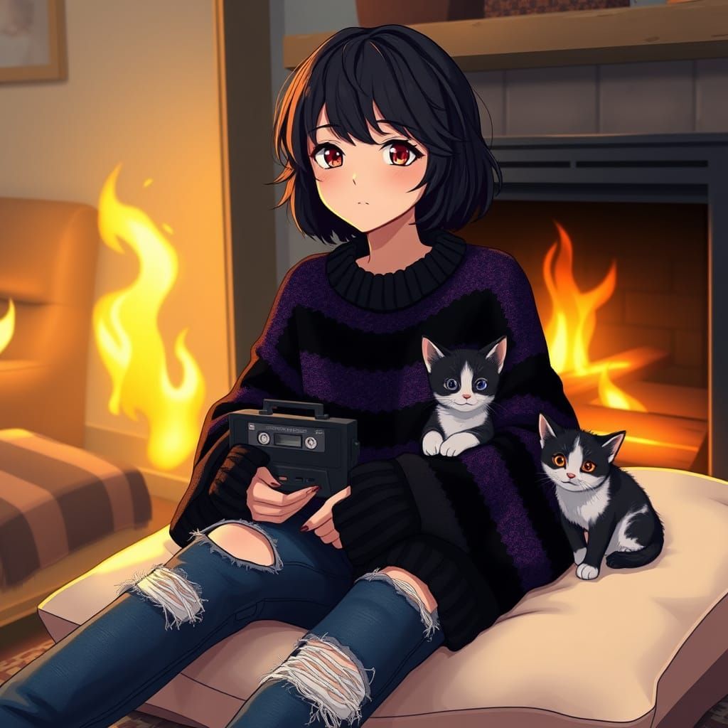Surreal Anime Scene of Emo Woman with Kitten and Cassette Pl...
