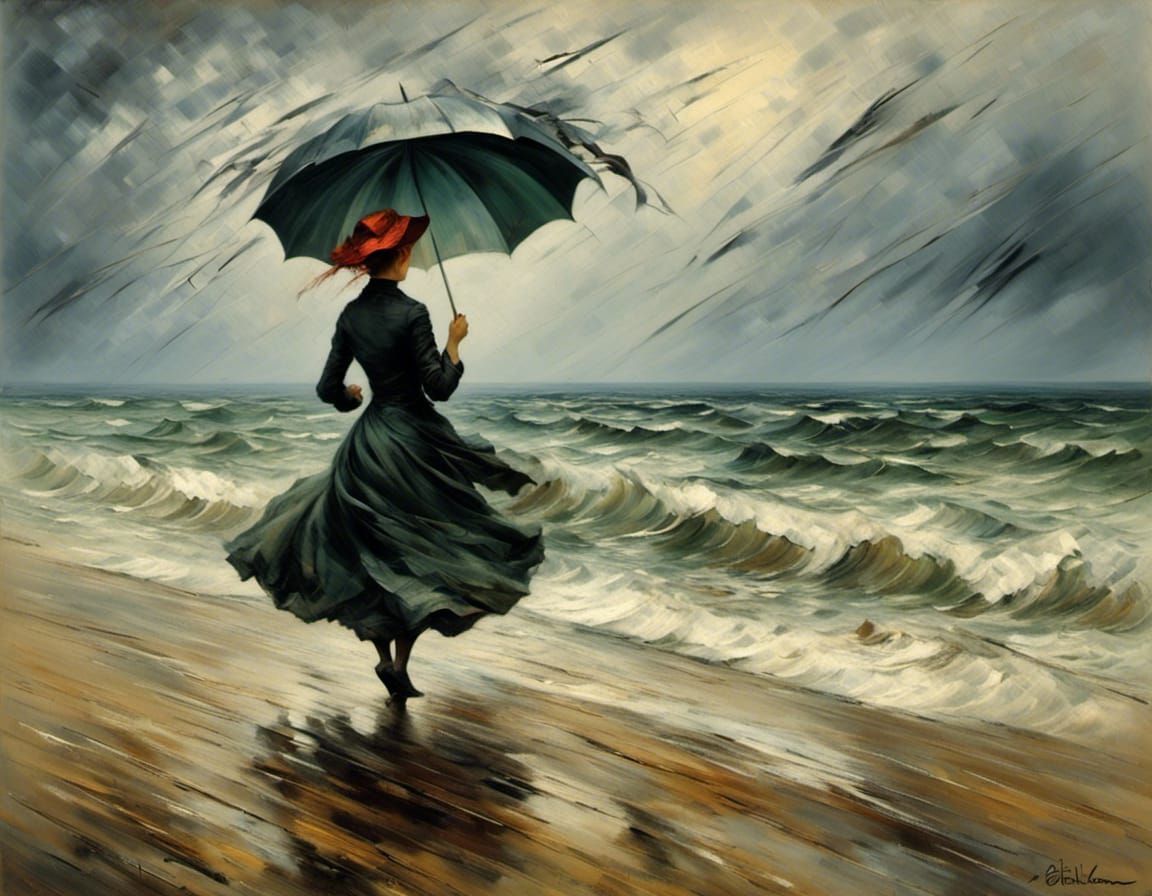 Woman Struggles Against Wind with Umbrella