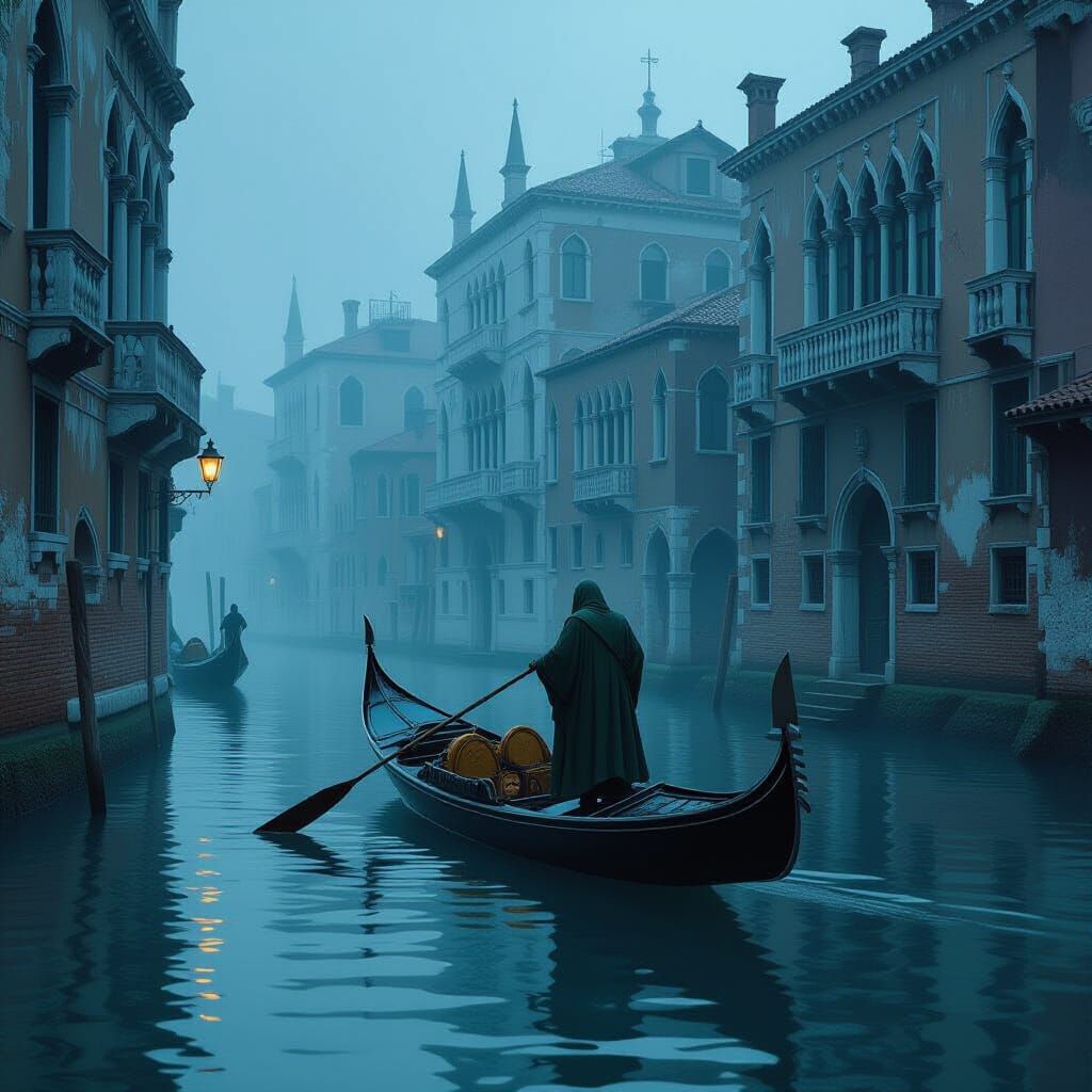 Melancholic Gondolier Navigating Decaying Venetian City