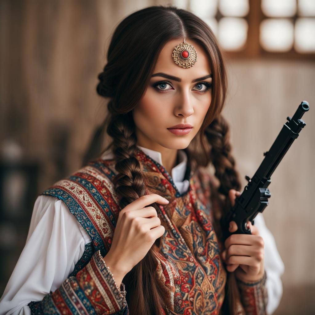 Brunette in Turkish Clothes Aims Holster in Close-Up