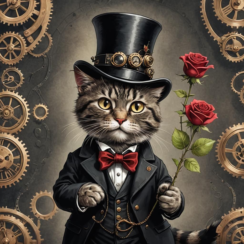Steampunk Cat Gentleman Offering a Rose