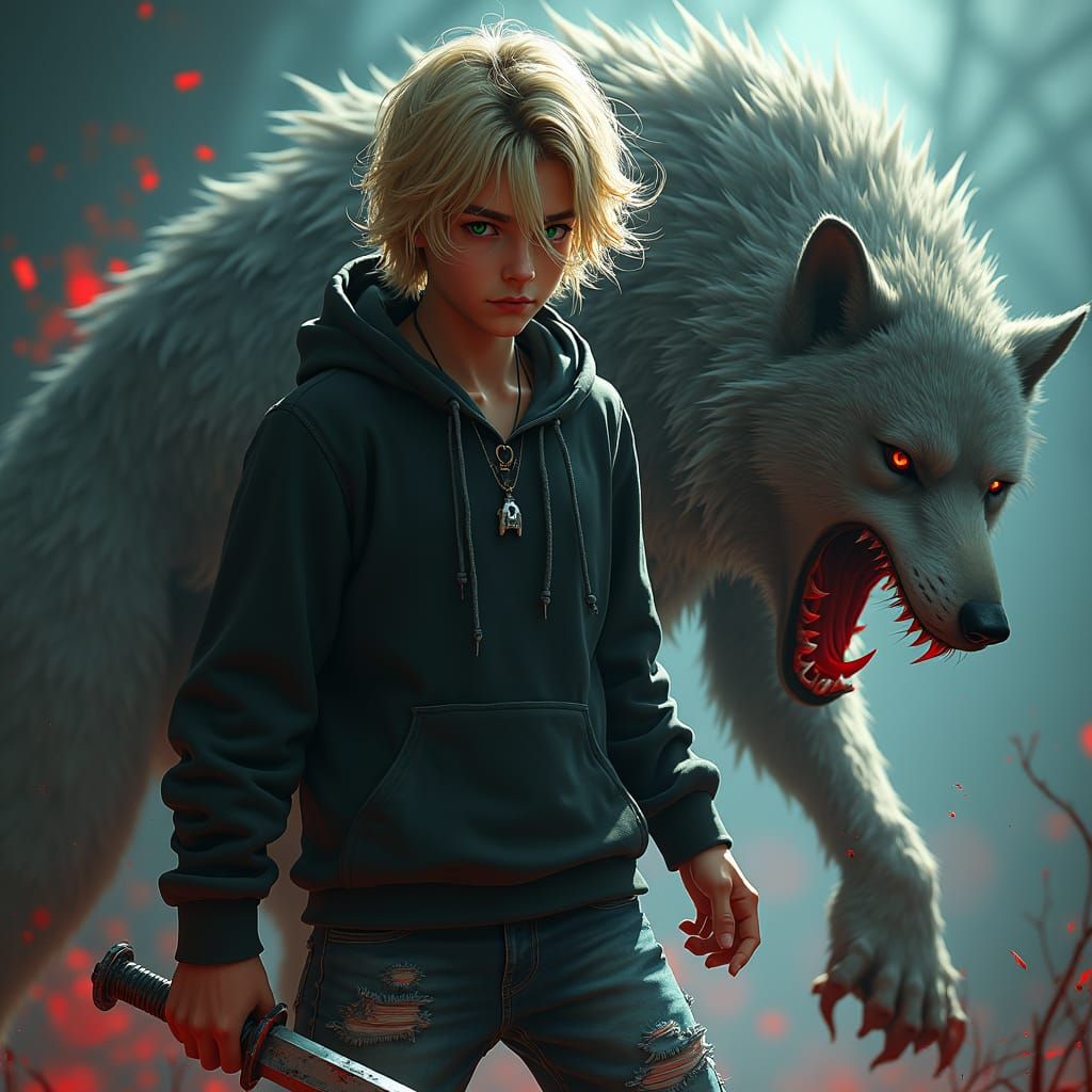 Teenager with Sword Confronts Werewolf in Matte Painting Sty...