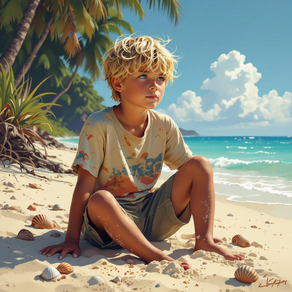 Hyperrealistic Boy on Beach, Fantasy Concept Art