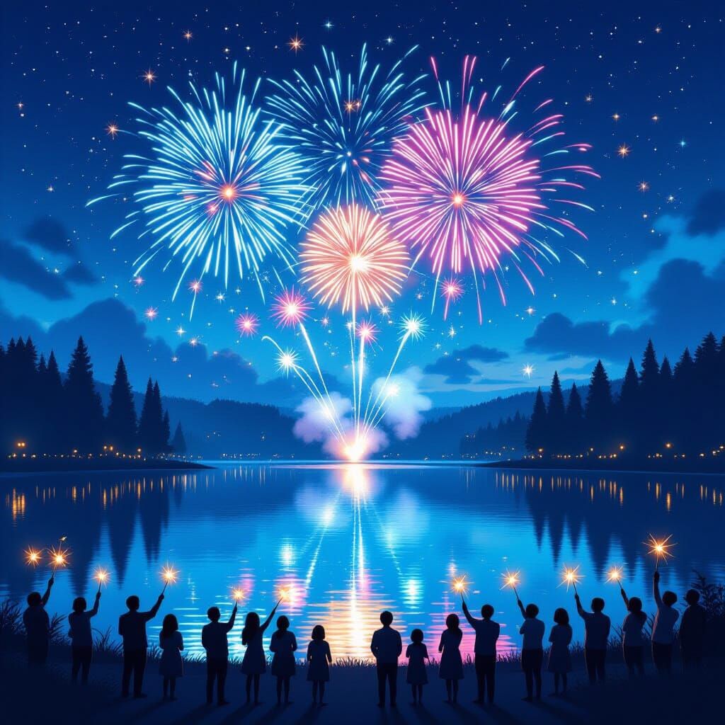 Fireworks Over Lake: A Hyperrealistic Summer Night