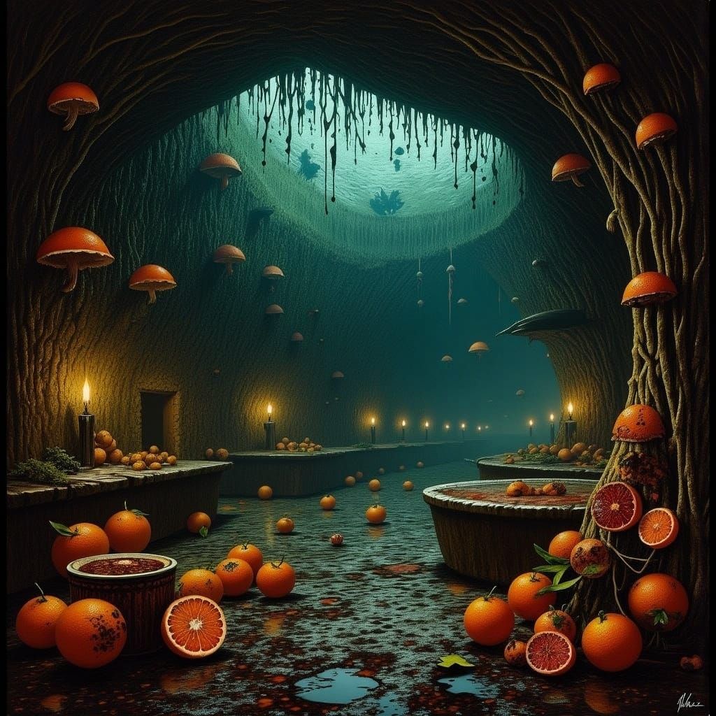 Surreal Cave Tavern with Rotten Oranges in Dark Moody Lighti...