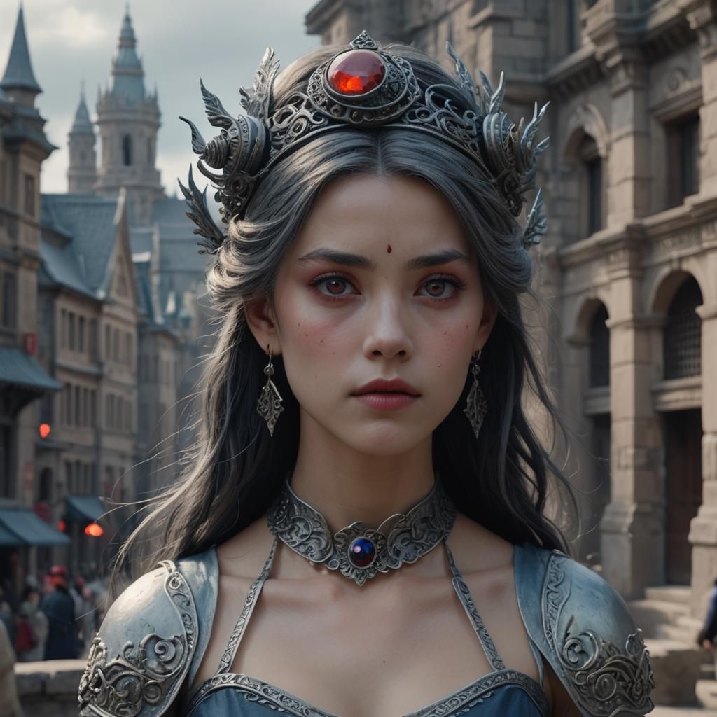 Cinematic Close-Up of a Fantasy Character in Cityscape