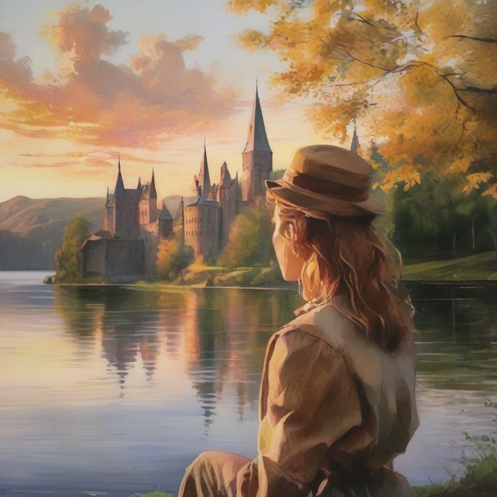 a young Minerva McGonagall, enjoying a day by the Black Lake at Hogwarts
